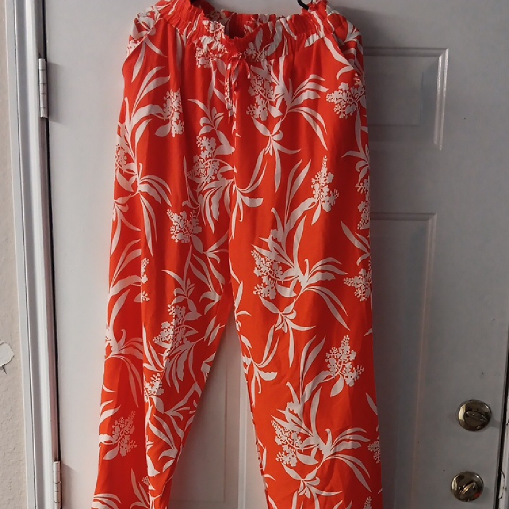 Orange Floral Print Pants